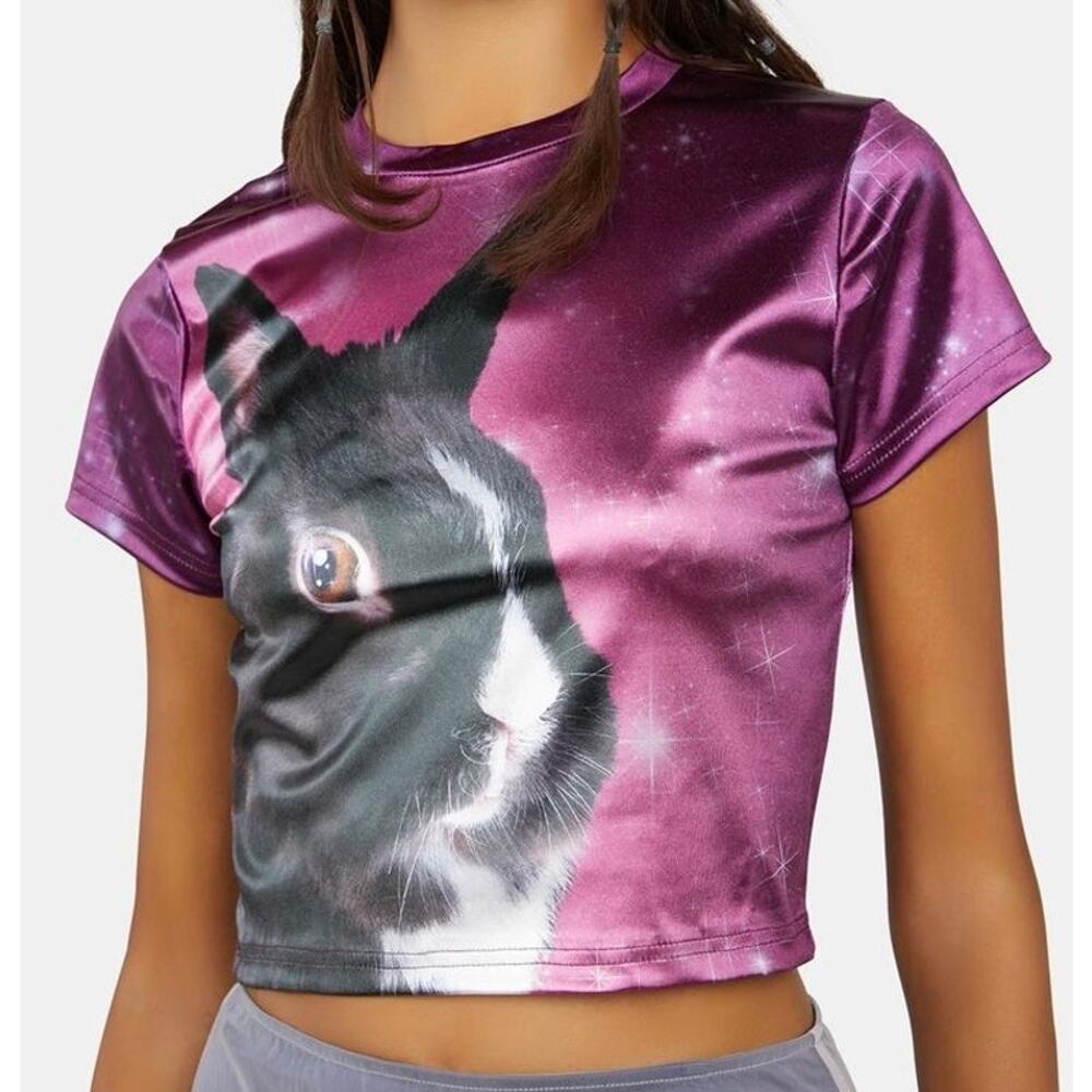 Delia's by Dolls Kill Bunny Star Print Cropped Baby Tee Celestial Sheen Sz S